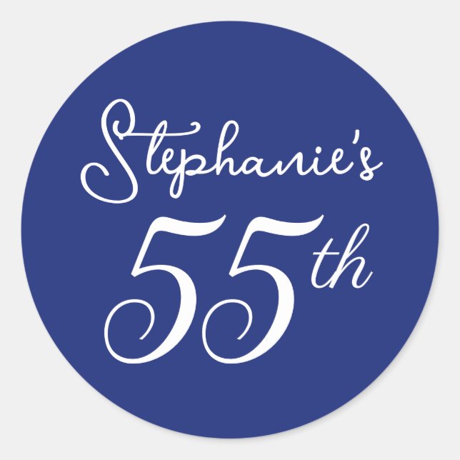 Elegant Navy Blue Monogram 55th Birthday Party Classic Round Sticker (Front)
