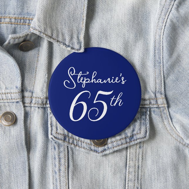 Elegant Navy Blue Monogram 65th Birthday Party Button (In Situ)