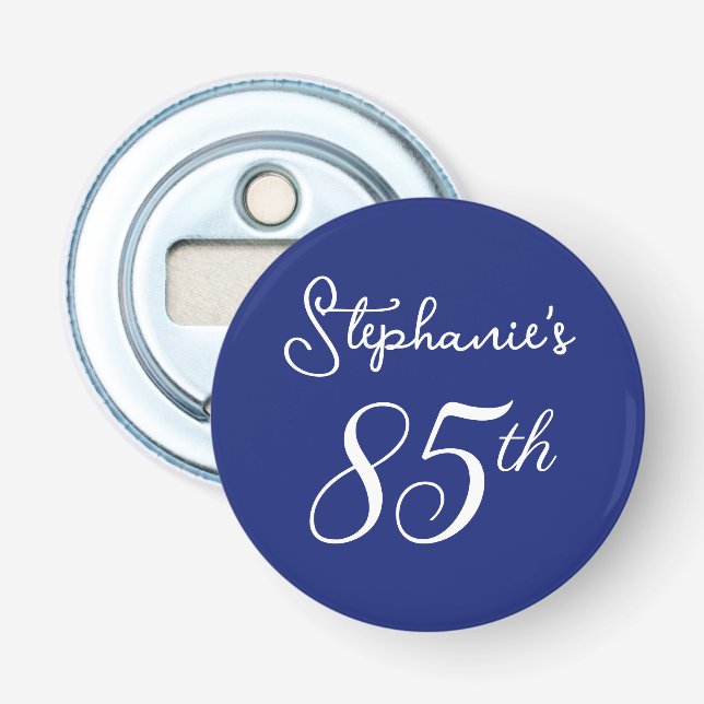 Elegant Navy Blue Monogram 85th Birthday Party Bottle Opener (Front)