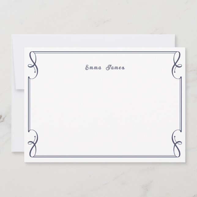 Elegant Navy Blue Monogram Border Personalized Note Card (Front)