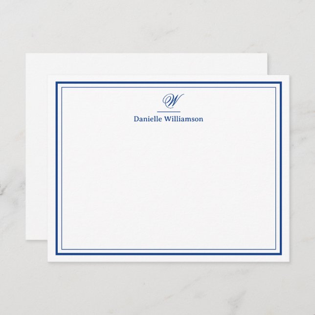 Elegant Navy Blue Monogram Double Border Flat Note Card (Front/Back)