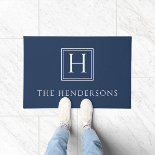 Elegant Navy Blue Monogram Family Name Doormat