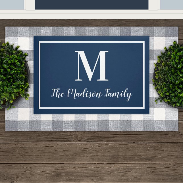 Elegant Navy Blue Monogram Family Name Doormat (Creator Uploaded)