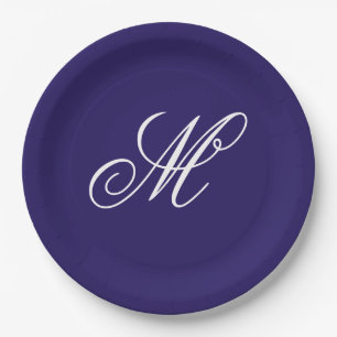Elegant Navy Blue Monogram Initial  Paper Plates