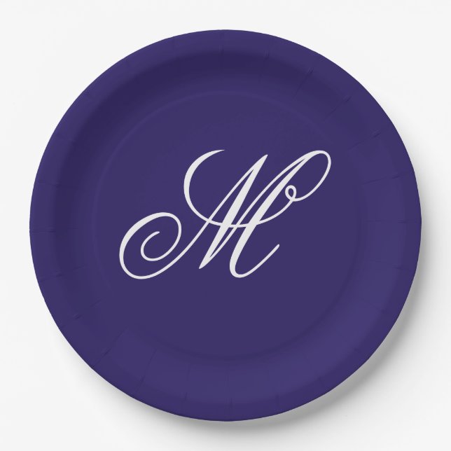 Elegant Navy Blue Monogram Initial  Paper Plates (Front)