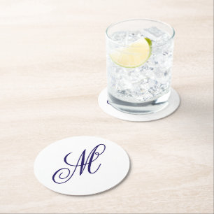 Elegant Navy Blue Monogram Initial Round Paper Coaster