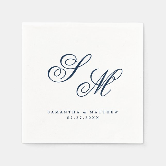 Elegant Navy Blue Monogram Initials Wedding Napkins (Front)