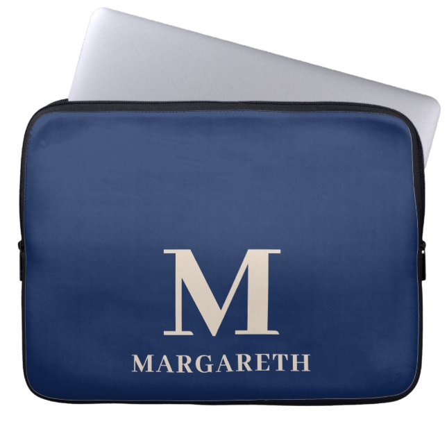 Elegant Navy Blue Monogram Laptop Sleeve (Front)