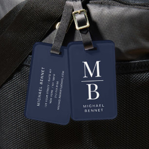 Elegant Navy Blue Monogram Luggage Tag