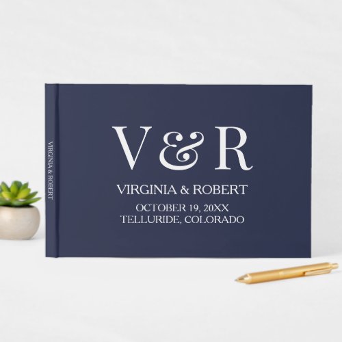 Elegant Navy Blue Monogram  Minimalist Wedding Guest Book