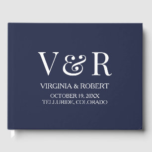 Elegant Navy Blue Monogram Minimalist Wedding Guest Book