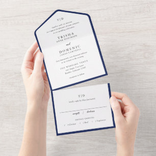 Elegant Navy Blue Monogram Modern Wedding All In One Invitation