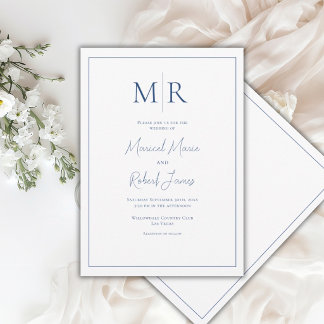 Elegant Navy Blue Monogram Modern Wedding Invitation