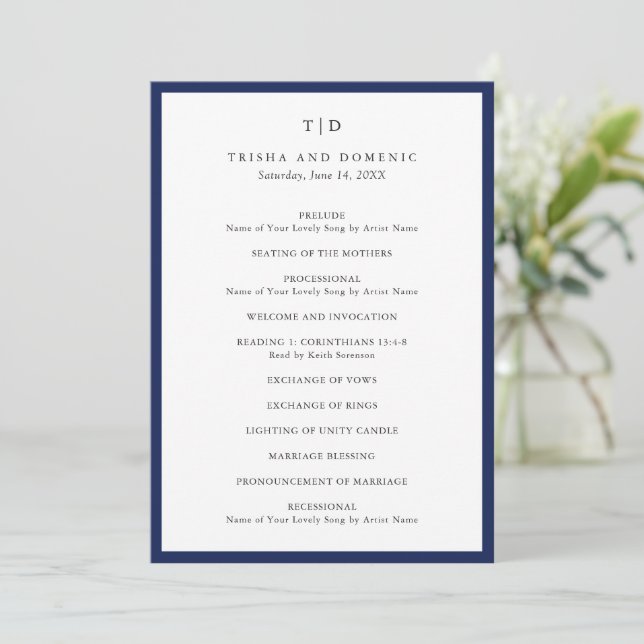 Elegant Navy Blue Monogram Modern Wedding Program (Standing Front)