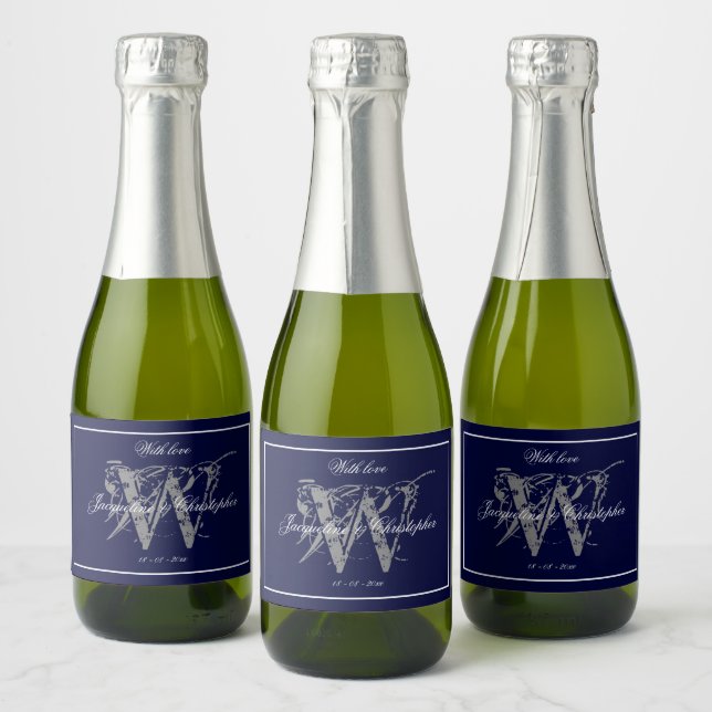 Elegant Navy Blue Monogram Names Chic Wedding Mini Sparkling Wine Label (Bottles)