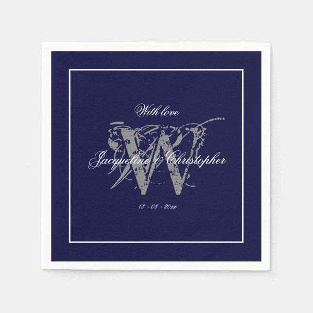 Elegant Navy Blue Monogram Names Classic Wedding Napkins (Front)