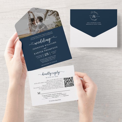 Elegant Navy Blue Monogram QR Code Photo Wedding All In One Invitation