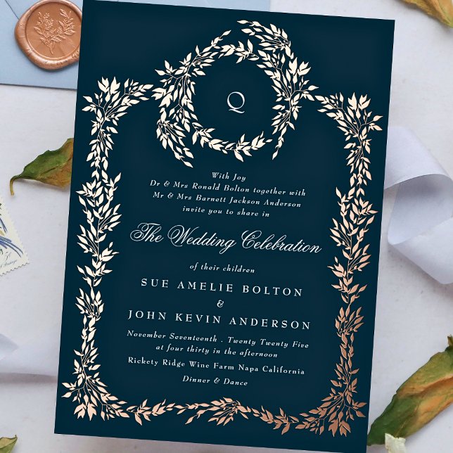 Elegant Navy Blue monogram Rose Gold Crest Wedding Foil Invitation (Creator Uploaded)