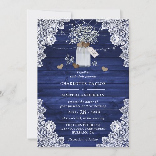 Elegant Navy Blue Monogram Rustic Chic Wedding Invitation