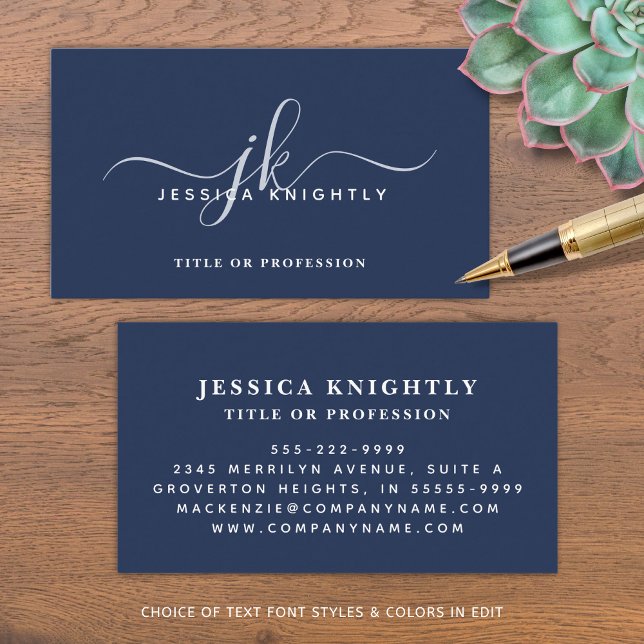 Elegant Navy Blue Monogram Script Initials Business Card (Creator Uploaded)