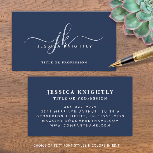 Elegant Navy Blue Monogram Script Initials Business Card | Zazzle