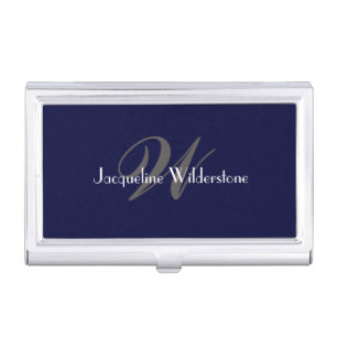Elegant Navy Blue Monogram Script Name Chic Cool Business Card Case