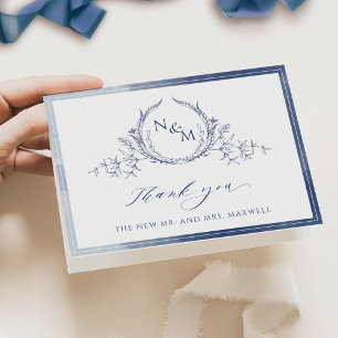 Elegant Navy Blue Monogram, Watercolor Wedding Letterpress Thank You Card