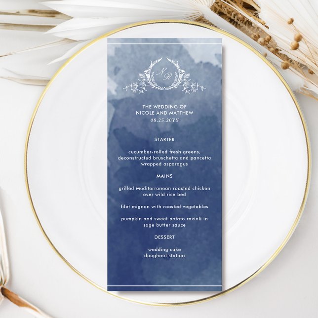 Elegant Navy Blue Monogram Watercolor Wedding Menu (Creator Uploaded)