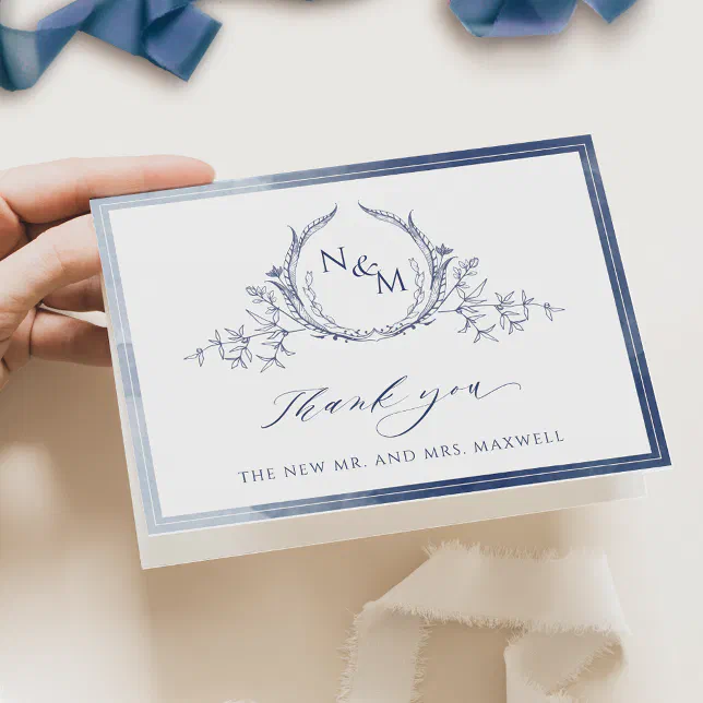 Elegant Navy Blue Monogram, Watercolor Wedding Thank You Card | Zazzle