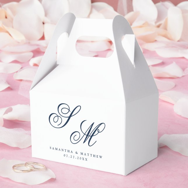 Navy Blue Wedding Favour Box With Golden Monogram Embroidery