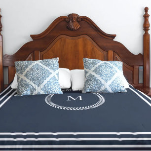 Elegant Navy Blue Monogram with White Frame Duvet Cover