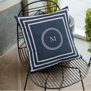 Elegant Navy Blue Monogram with White Frame Throw Pillow