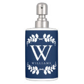 Elegant Navy Blue Monogrammed Soap Dispenser And Toothbrush Holder (Front)