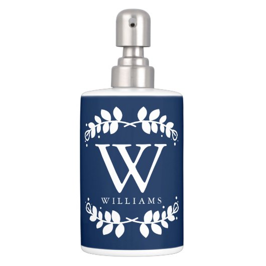Elegant Navy Blue Monogrammed Soap Dispenser And Toothbrush Holder (Front)