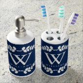 Elegant Navy Blue Monogrammed Soap Dispenser And Toothbrush Holder (Front)