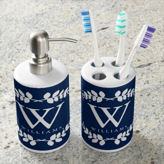 Elegant Navy Blue Monogrammed Soap Dispenser And Toothbrush Holder (Front)