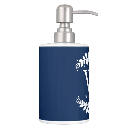 Elegant Navy Blue Monogrammed Soap Dispenser And Toothbrush Holder (Right)