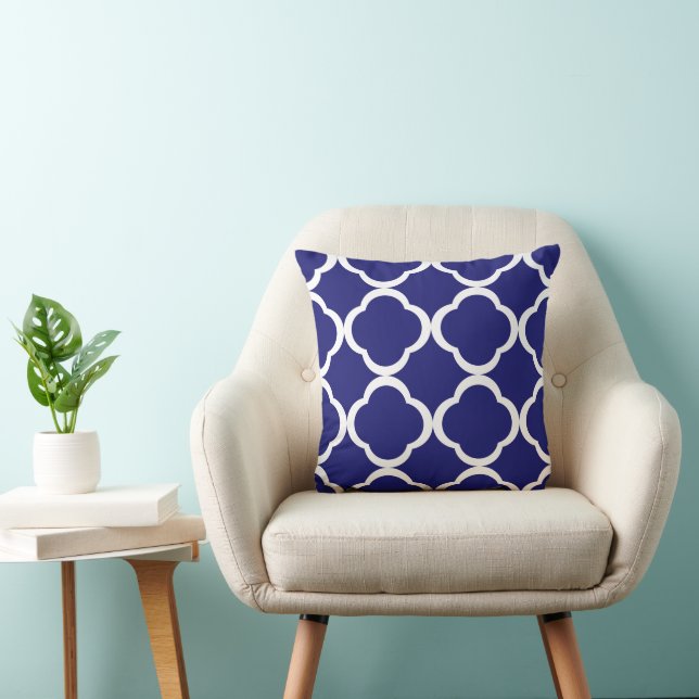 Elegant Navy Blue Moroccan Quatrefoil Pattern Throw Pillow (Chair)
