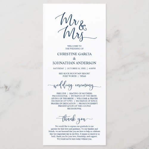 Elegant Navy Blue Mr and Mrs Wedding Ceremony Program