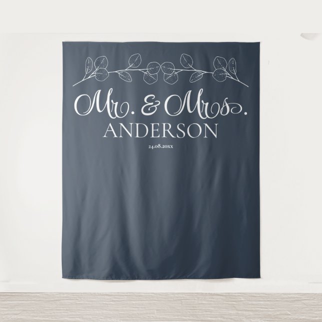 Elegant Navy blue Mr. & Mrs. Personalized Wedding  Tapestry (Front)