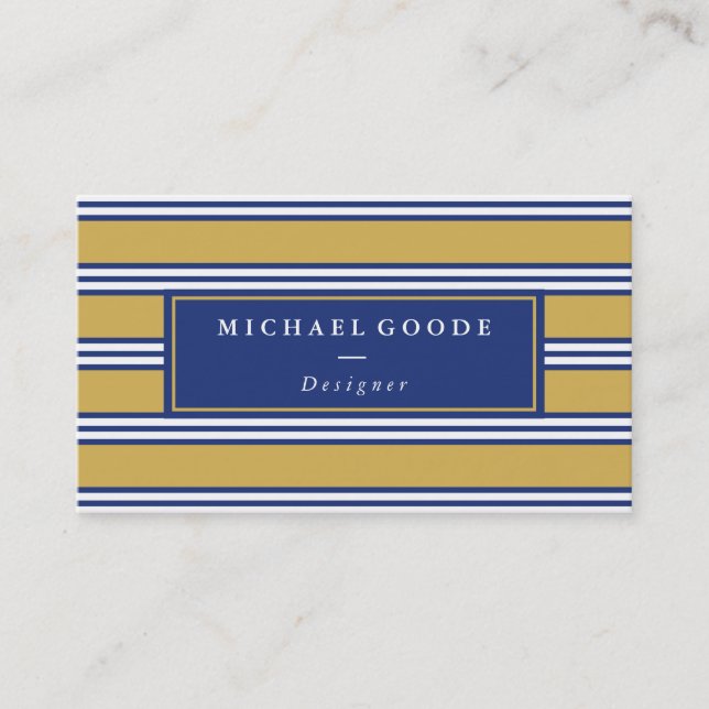 Elegant Navy Blue & Mustard Stripes Business Card (Front)