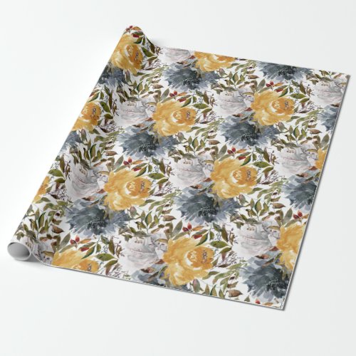 Elegant Navy Blue Mustard Yellow Floral Greenery   Wrapping Paper