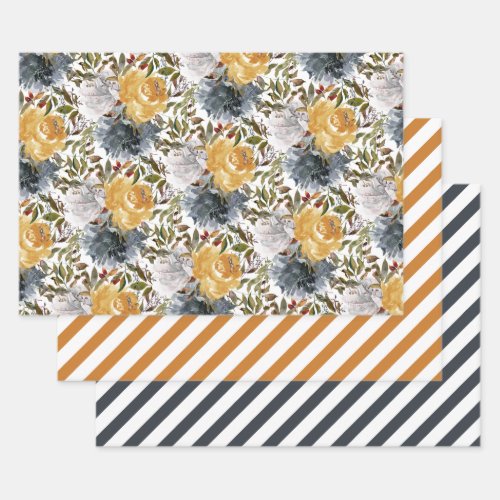 Elegant Navy Blue Mustard Yellow Floral Greenery Wrapping Paper Sheets