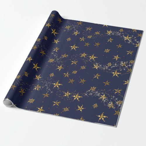 Elegant Navy Blue n Gold Snowflake Christmas Stars Wrapping Paper