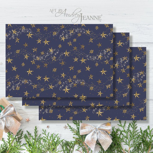 Elegant Navy Blue n Gold Snowflake Christmas Stars Wrapping Paper Sheets (Creator Uploaded)