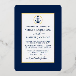 Elegant Navy Blue Nautical Anchor Wedding Gold Foil Invitation