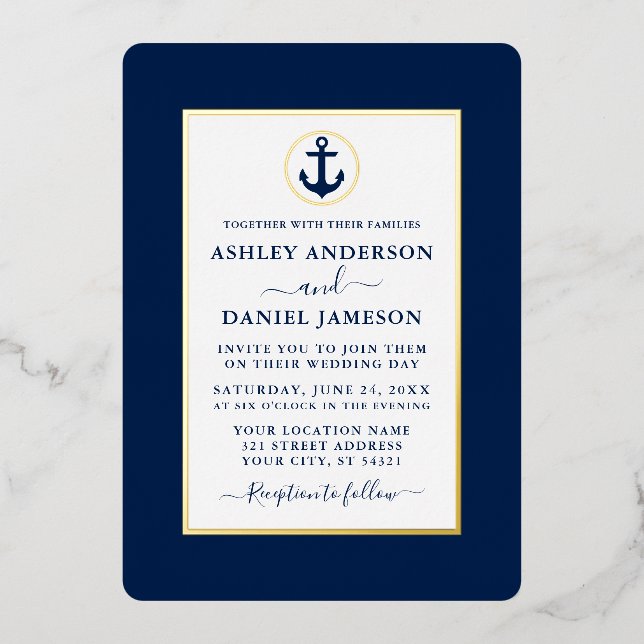 Elegant Navy Blue Nautical Anchor Wedding Gold Foil Invitation (Front)