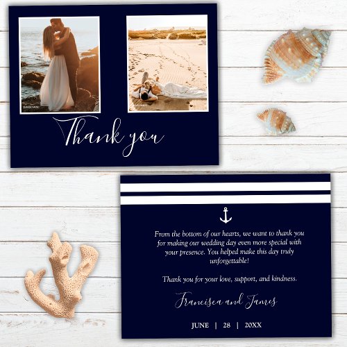 Elegant Navy Blue Nautical Anchor Wedding Photo Thank You Card