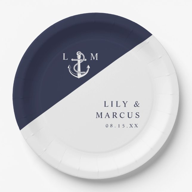 Elegant Navy Blue Nautical Monogram Wedding Paper Plates (Front)