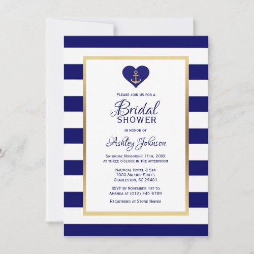 Elegant Navy Blue Nautical Wedding Bridal Shower Invitation